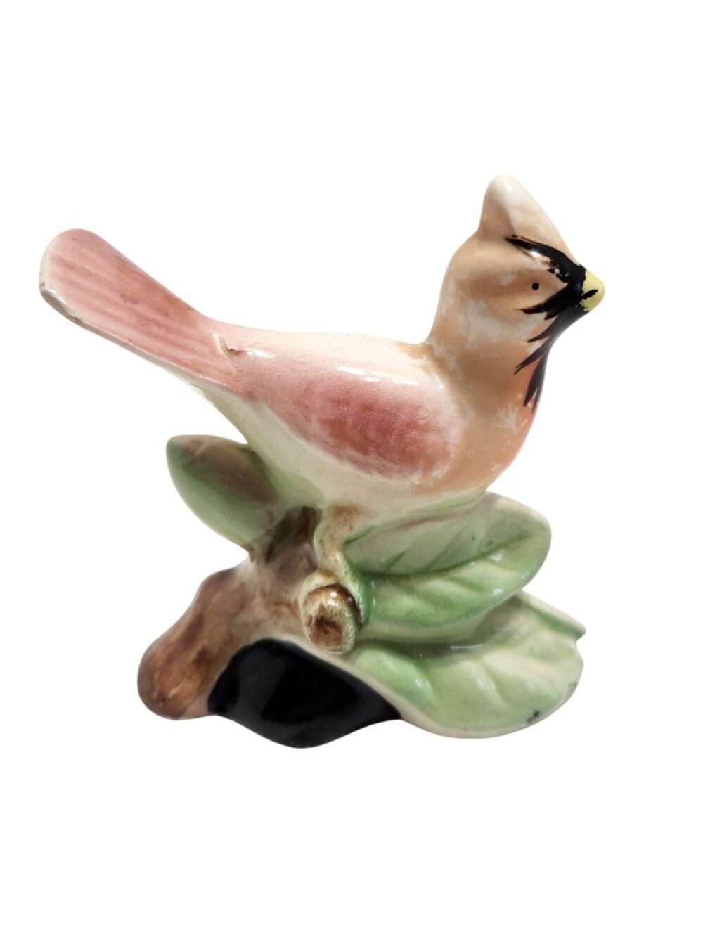Vintage Ceramic Cardinal Bird Figurine Leaf Base Hand-Painted Cardinal Design
